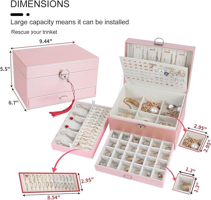 BOOVO Large Jewelry Boxes For Women (rose gold) | 5 Layers Jewelry Organizer Box With Cosmetic Storage Drawer, Necklace Ring Jewelry Organizer Box