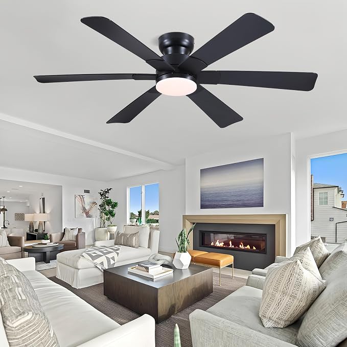 52"6 Blades Black Low Profile Flush Mount Ceiling Fans with Lights Remote | Super Large Airflow with 6 Wind Speeds, Reversible, Dimmable 3CCT LED, 30W Quiet DC Motor,Suits for Bedroom Kitchen