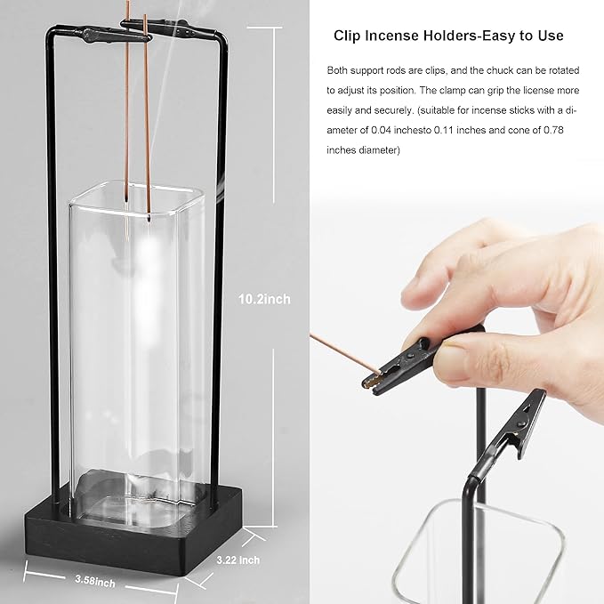 Incense Burner Holder for Sticks, [New Upgraded-Two Black Clip] Upside Down Incense Burner with Removable Glass Ash Catcher Anti-Ash Flying