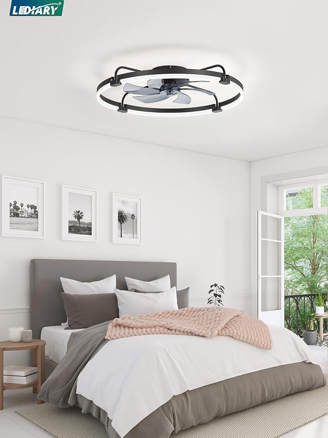 LEDIARY 30" Ceiling Fans with Lights and Remote, Low Profile Led Fan Light | Stepless Dimmable Fandelier, 6 Wind Speeds, Remote and APP Control, Flush Mount Ceiling Fan for Bedroom, Living Room, Black
