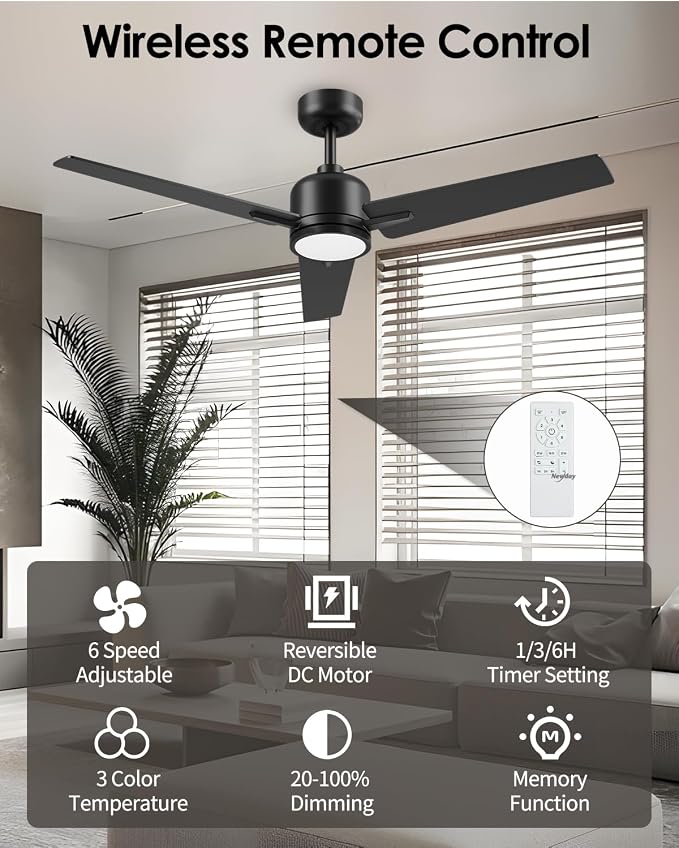 Newday 52 inch Ceiling Fans with Lights and Remote, Black 3 Blade Outdoor Fans for Patios -Dimmable Indoor DC Motor, 6 Speed, Quiet Noiseless, 3 CCT, Reversible, High CFM