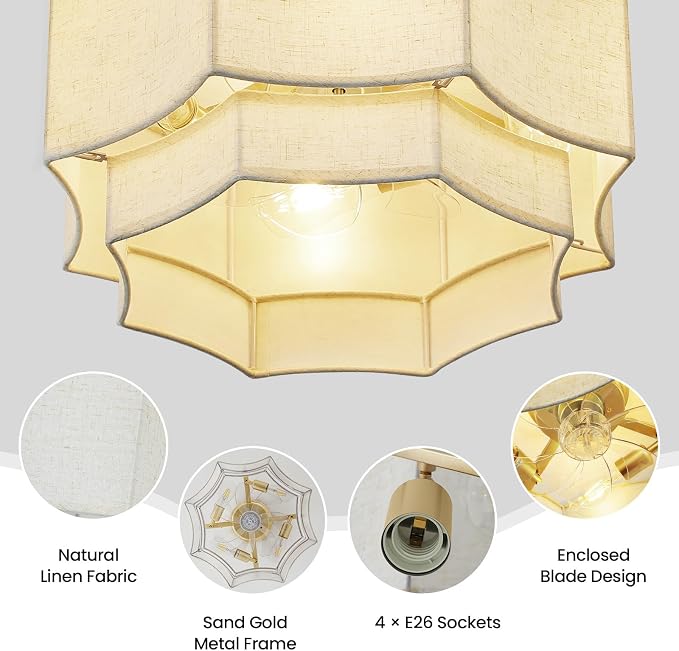 Boho Ceiling Fan with Light, 20'' Flush Mount Caged Ceiling Fan with Light Remote Control, Linen Fabric Low Profile Fandelier with 6 Speeds for Bedroom, Living Room