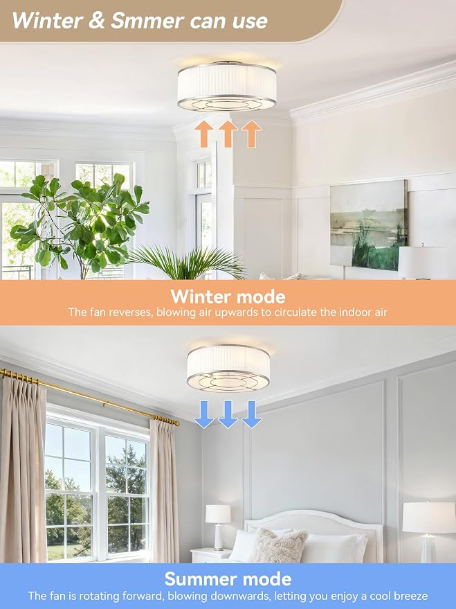 Boho Ceiling Fan with Light Flush Mount, 20" Caged Ceiling Fan with Light Remote Control Silver, Low Profile Ceiling Fans Bladeless Chrome 6 Speeds for Bedroom, Living Room, Nursery