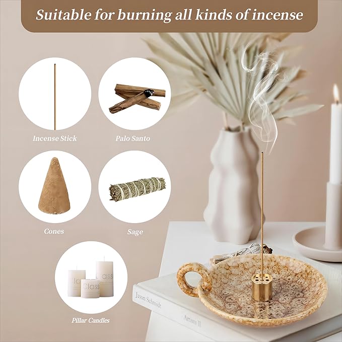 Generic 5 in 1 Ceramic Incense Holder Ash Catcher, Multi-Funtional Palo Santo Holder for Sage Sticks Cones Candle, Ideal for Meditation, Relaxing, Easy to Clean (Yellow Brown)