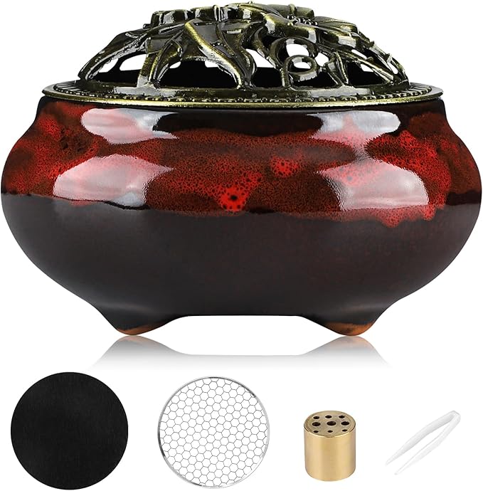 Ceramic Incense Burner Holder Set – 9 Hole Incense Stick Holder with Coil Incense Holder & Burner Tray – Multi-Function Censer for Cones, Coil Incense, and Stick Incense (Fambe Red)