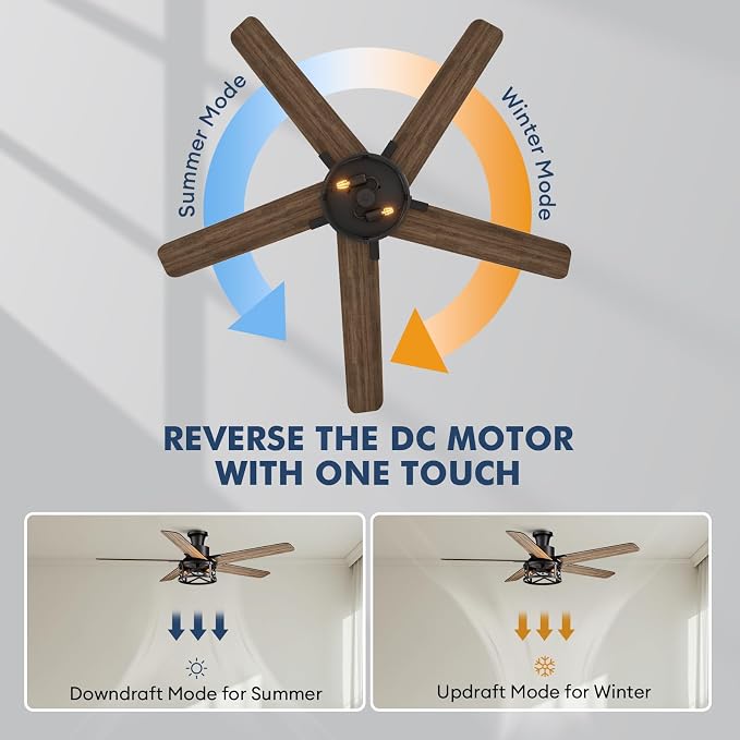 52 Inch Flush Mount Ceiling Fans with Lights and Remote Control, Low Profile Farmhouse Ceiling Fan for Bedroom Living Room and Patio, Black Caged Ceiling Fan for Indoor and Outdoor（NO BULBS）