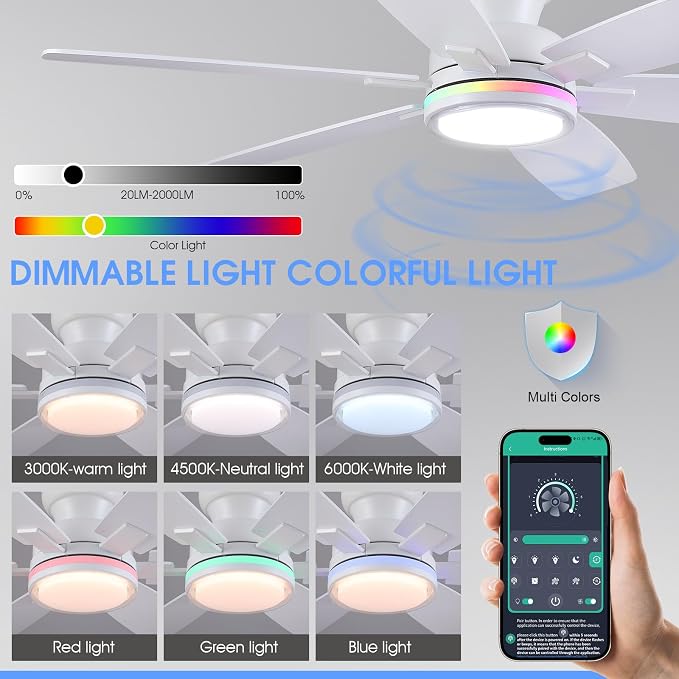 Kviflon 52 in Ceiling Fans with RGB Lights Remote/APP Control, Flush Mount Ceiling Fans, Double-Sided 6 Reversible Blades, RGB Ring Lights+3 CCT Dimmable Lights, Double Lampshade for Bedroom, White