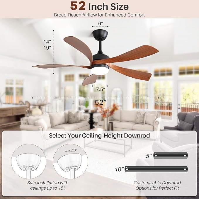 CACI Mall 52 inch Smart Ceiling Fan with Lights, Remote Control, Compatible with Alexa/Google/App, 5 Blades, Dimmable Lighting, Quiet, Indoor/Outdoor Ceiling Fans for Living Room, Bedroom, Patios