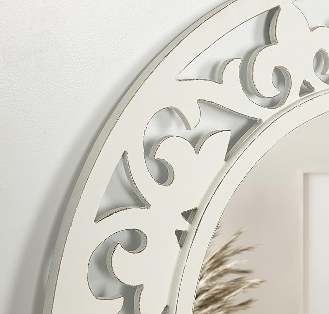 Kate and Laurel Shovali Coastal Round Mirror; 32 Inch Diameter; White; Decadent Wall Decor with Ornate Wood-Carved Frame