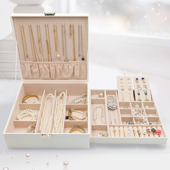 ProCase 2 Layers Jewelry Box for Women -White | Large Leather Jewelry Organizer Storage Case with Removable Pad for Earrings
