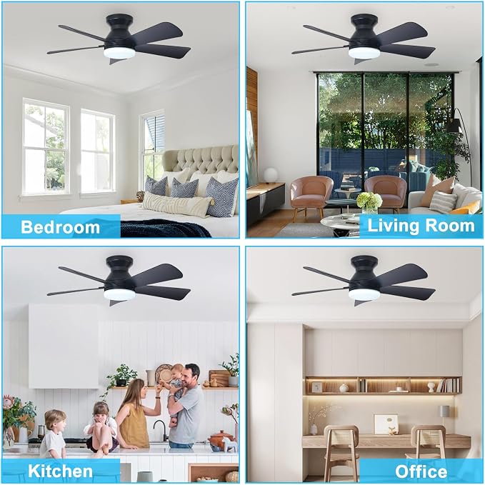 Depuley Modern Ceiling Fan with Light: 35-Inch Black Small Fans for Bedroom Indoor Outdoor - Dimmable Low Profile Ceiling Fans with Remote Control Flush Mount 5 Reversible Black Blades 6 Speeds Timer