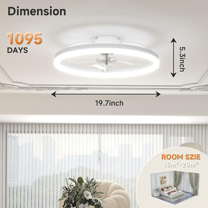 VOLISUN Low Profile Ceiling Fans with Light and Remote, No Assembly, 19.7in Bladeless Ceiling Fan with Lights,3000K-6500K Dimmable Flush Mount LED Fan Light,White Fandelier Ceiling Fans for Bedroom