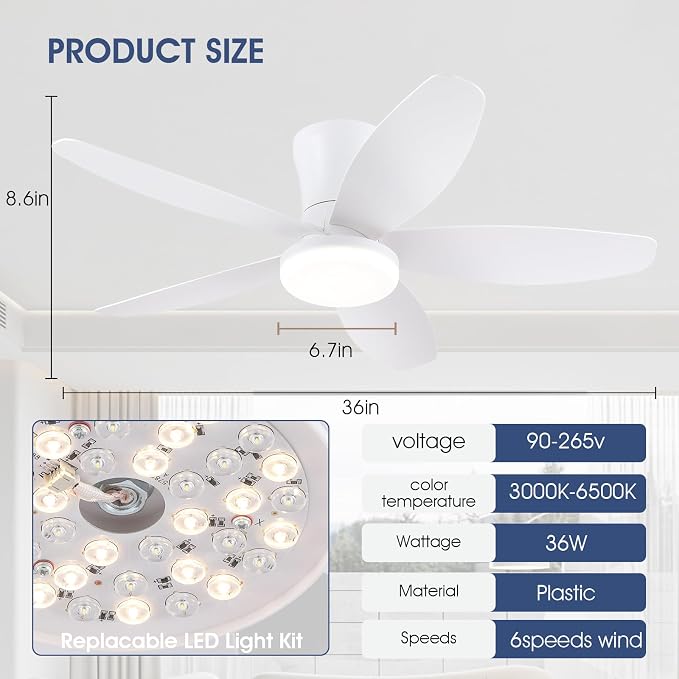 Surtime Ceiling Fans with Lights-36 Low Profile Ceiling Fan with Light and Remote/APP Control,Flush Mount,DC Reversible,LED Dimmable Modern Ceiling Fans for Bedroom,Indoor/Outdoor Patio Use(White)