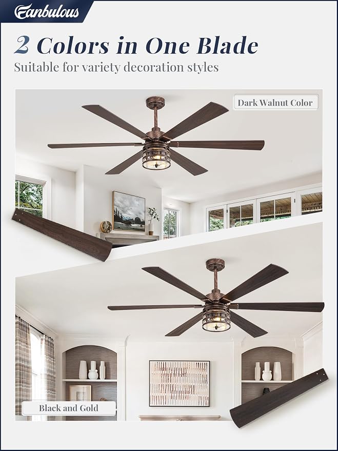 Fanbulous 65 Inch Large Farmhouse Ceiling Fan with Light & Remote,Black | Powerful 6-Speed Reversible DC Motor, Industrial 6 Dual Finish Blades, Ideal for Living Room, Bedroom, Patio, Garage