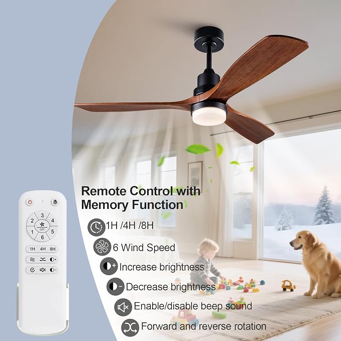 52 Inch Outdoor Ceiling Fans with Lights and Remote Control, Dimmable Outdoor Ceiling Fans for Patios 3 Blade Wood Black Walnut Bedroom Ceiling Fan with Light, Wall Switch