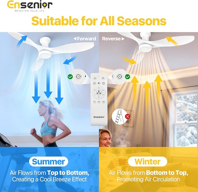 Ensenior 52 Inch Flush Mount Ceiling Fan with Light and Remote, Black Low Profile Ceiling Fans with Lights for Bedroom Living Room, 3 ABS Blades, Modern Quiet Reversible DC Motor, 3CCT, 6 Speeds