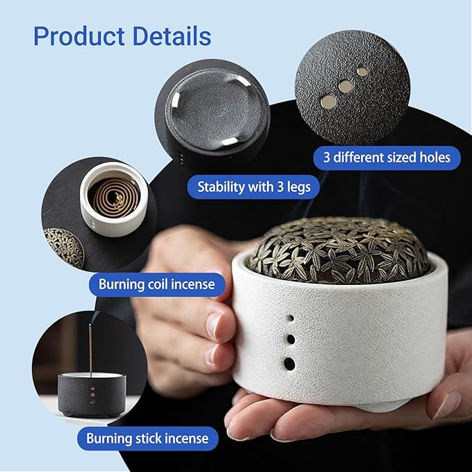 Incense Burner,incense Burner Holder with Lid,ceramic Incense Burners,incense Burner+incense Holder+fireproof Cotton+tweezers,smudge Bowl for Meditation Yoga,aromatherapy for Home Decor, Office