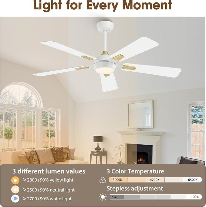 52 Inch White Ceiling Fan with Light and Remote, Modern Ceiling Fan with 6-Speed Reversible Motor, Dimmable LED 3CCT for Bedroom Living Room Apartment