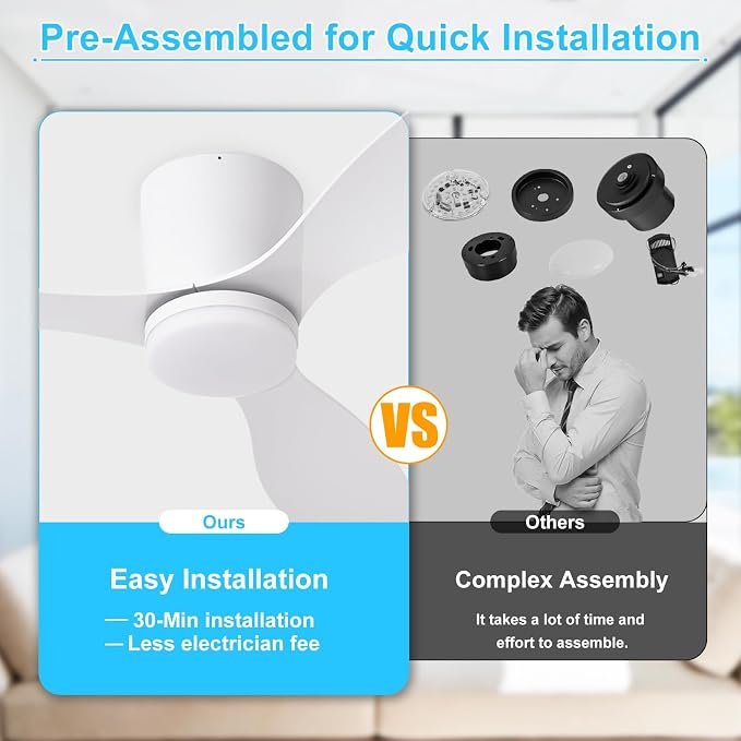 Depuley Flush Mount Ceiling Fan: 52-Inch White Ceiling Fans with Lights for Bedroom Indoor Outdoor - Low Profile Ceiling Fans with Remote Control 24W 3CCT Dimmable 3 Reversible White Blades 6 Speeds