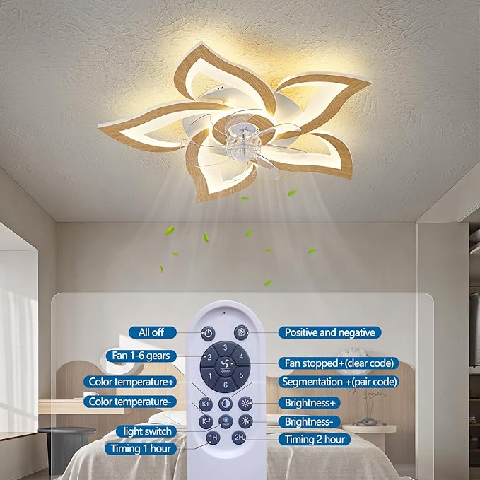 Dalouguan 24" Ceiling Fan with Lights Remote Control, Light Wood Grain Color 6 Speeds 3 Light Color Low Profile Flush Mount Ceiling Fan for Kitchen Bedroom