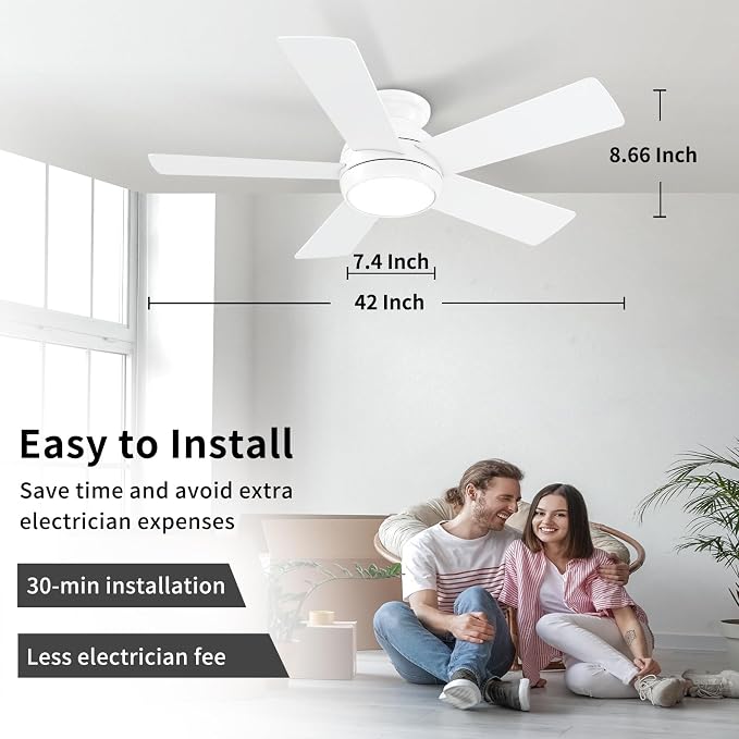 POCHFAN 42 Inch White Ceiling Fans with Lights and Remote, LED Low Profile Flush Mount Ceiling Fan for Bedroom, Living Room, Patio, Quiet DC Motor, 5 Blades