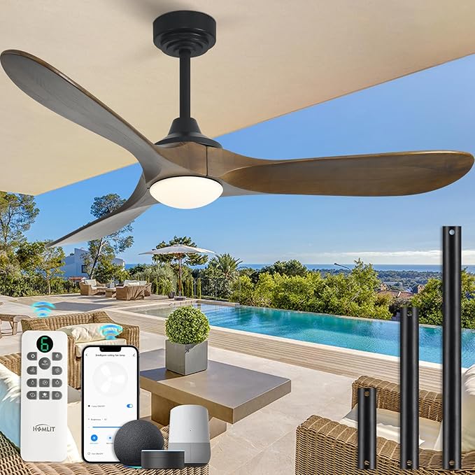 52” Outdoor Ceiling Fan with Light, Compatible with Alexa/Google, 3 Walnut Solid Wood Blade, Noiseless Reversible Dc Motor, Smart Outdoor Wood Ceiling Fan for Farmhouse Patios, Bronze