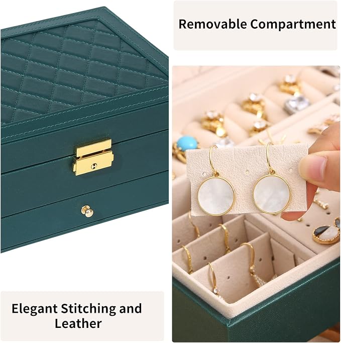 GUOER Jewelry Box for Women Girl Wife - Large PU Leather Jewelry Organizer Storage Case with Two Layers Display for Earrings Bracelets Rings Watches (Green) | Vintage Quilting Stitching PU Leather, Earrings Bracelets Rings Necklace Watches Storage Larg...