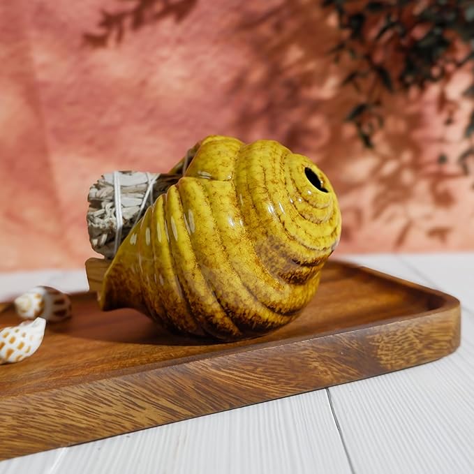 MOUGIGI Yellow Ceramic Conch Palo Santo Holder - Mini Chimney Incense Burner, Tabletop Smudge Bowl Compatible with Sage/Sticks/Cones/Copal,for Yoga、Zen Meditation、Witchcraft, Ideal Altar Decor Gift
