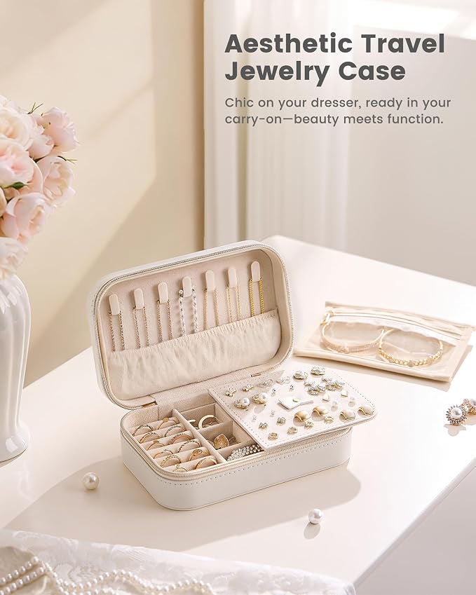 Lolalet Travel Jewelry Case for Women Girls, Travel Jewelry Organizer with Clear Storage Bag Small Portable Jewelry Box for Necklace Bracelet Earring Ring Valentines Bridesmaid Gifts -Medium/Beige