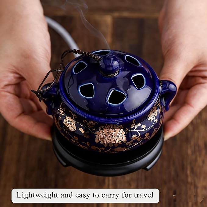 Electric Resin Burner with Timer, Ceramic Electric Incense Burner, Burner Censer 110V for Home Porch, Patio, Garden, Office, Yoga, Living Room, Meditation Room (Blue)