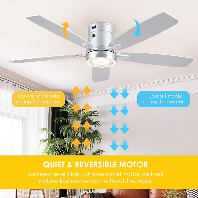 52 Inch Modern Ceiling Fans with Lights Flush Mount Indoor, Silver | Low Profile, Dimmable LED, Reversible, Quiet DC Motor, Wooden Blades, for Modern Apartment Bedroom Home Office Living Room