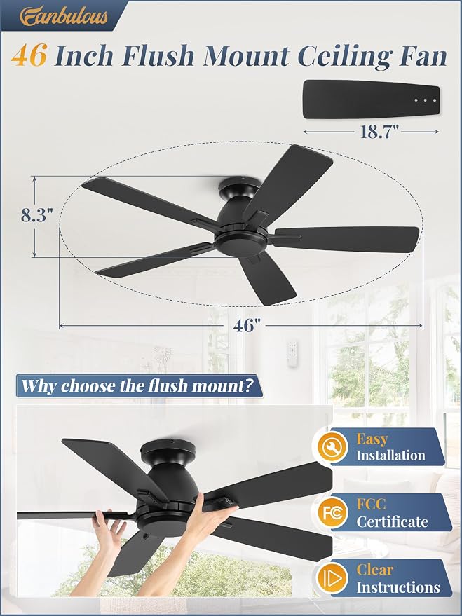 Fanbulous 46 Inch Flush Mount Ceiling Fan No Light with Remote, Black | Modern Low Profile Without Light, 6-Speed, Quiet Reversible DC Motor, Indoor/Outdoor Use, for Bedroom, Living Room, Patio
