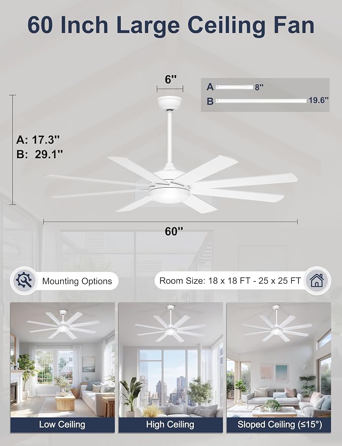 60'' White Ceiling Fan with Lights for Indoor/Covered Outdoor | Remote/APP Control, 3CCT Dimmable, Quiet DC Motor, Reversible Airflow, 8 Blades Modern Overhead Fan for Master Bedroom