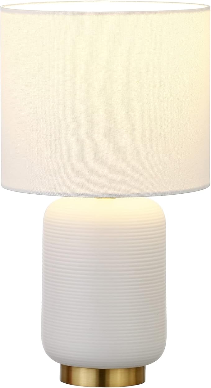 Henn&Hart 15" Modern 1-Light Table Lamp with Chiffon White Fabric Drum Shade for Living Room, Bedroom, or Office, Flat White/Gold