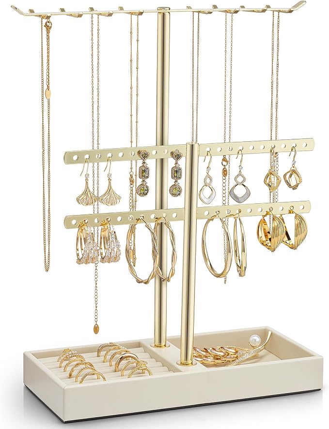 VLANDO 2 Tier Jewelry Stand Organizer with Tary, Leather Jewelry Holder Display for Women, Gold Jewlery Holder Stand for Necklace, Earring, Bracelet, Rings - Cloud White