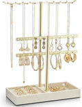 VLANDO 2 Tier Jewelry Stand Organizer with Tary, Leather Jewelry Holder Display for Women, Gold Jewlery Holder Stand for Necklace, Earring, Bracelet, Rings - Cloud White