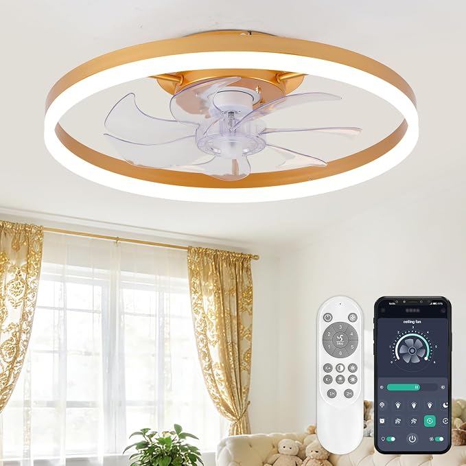 20" Low Profile Ceiling Fans with Lights and Remote & APP, Dimmable 3000-6500K LED Fandelier Ceiling Fan with Light, Modern Flush Mount Ceiling Fan Light for Living Room, Bedroom and Kitchen