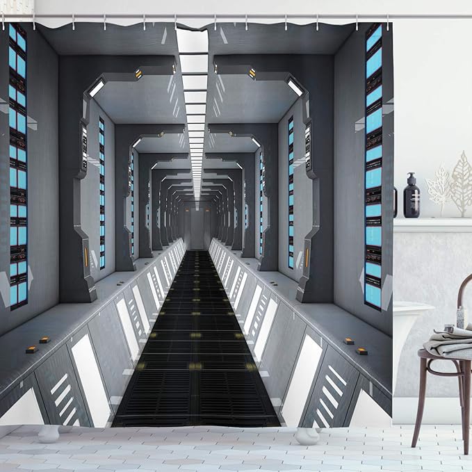 Ambesonne Futuristic Shower Curtain, Futuristic SciFi Corridor Space Ship Station Science Fiction Laboratory Picture Print, Cloth Fabric Bathroom Decor Set with Hooks, 69" W x 75" L, Grey