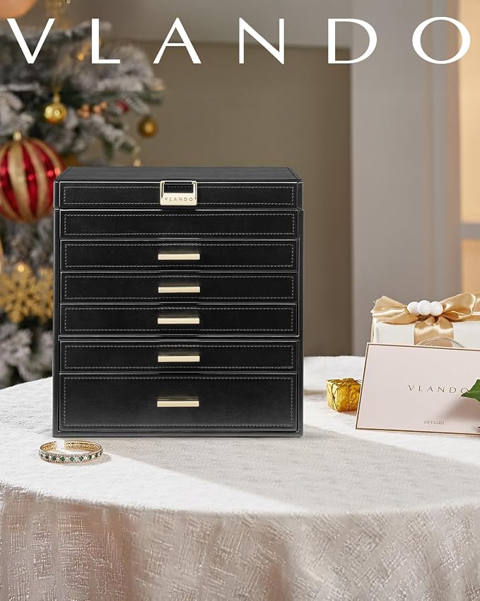 VLANDO 6 Layer Large Jewelry Box - Jewelry Holder Organizer, Jewelry Box Organizer for Drawer Necklace Ring Bracelet and Watch, Birthday Gift for Loved Ones - Black