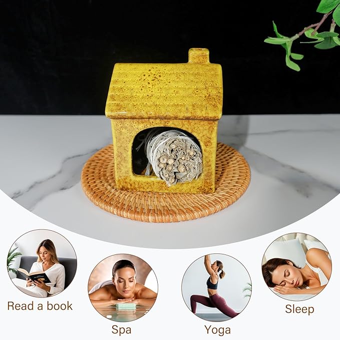 Mougigi Yellow House Palo Santo Burner Holder - Mini Ceramic Chiminea with Stable Base,Smudge Bowl for Burning Sage &Incense Cones-Perfect for Meditation,Yoga Spaces,Spiritual Altars,Home Decor& Gifts