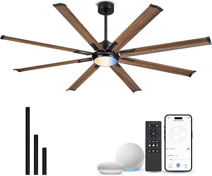 72 Inch Ceiling Fan with Light, Industrial Design with 8 Aluminum Blades, Smart Control Compatible with Alexa, Indoor Outdoor Garage Fan for Living Room Patio, Model ZCCF04WD-72