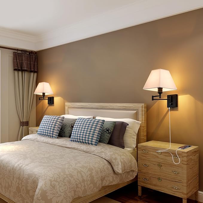 Swinging arm wall lamp, Fabric lampshade, with Plug and dimming Rotary Switch, USB and Type-C Charging Port, Suitable for Bedside, Living Room, Hotel and Bedroom wall Lamps