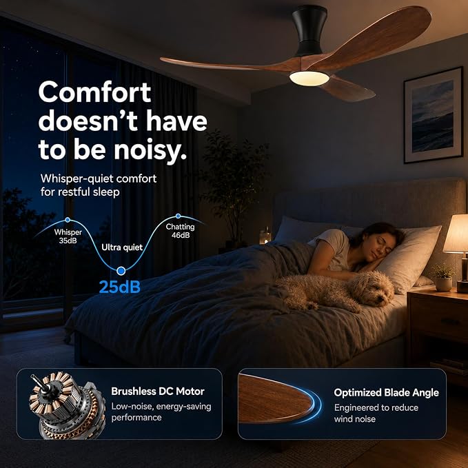 52 inch Smart Flush Mount Ceiling Fans with Lights, Low Profile Ceiling Fan with WIFI Alexa and App Remote Control, Quiet DC Motor, 3 Blades Wood Modern fan for Indoor Outdoor Bedroom Patio, Walnut
