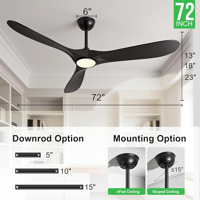 72 Inch Ceiling Fans with Lights and Remote, Wood Outdoor Ceiling Fan with 6 Speed Noiseless DC Motor, Indoor Modern 3 Blade Propeller Ceiling Fan for Bedroom Living Room Gazebo Patio (Black)