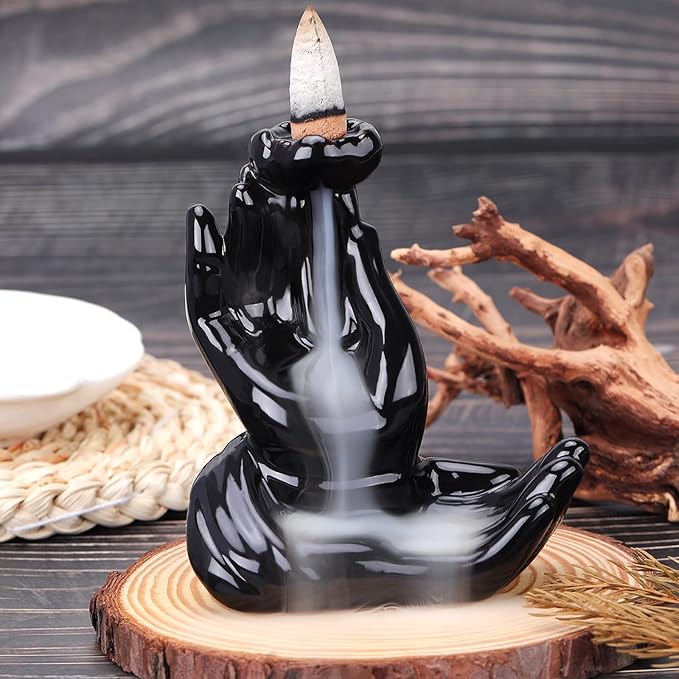 Buddha Hand Backflow Incense Burner Smoke Waterfall Incense Burner Ceramic Buddha Incense Holder Incense Cone Burner for Yoga Meditation and Home Decor