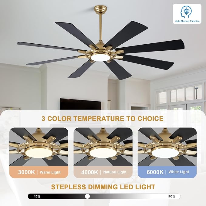 Bella Depot 72" Black and Gold Ceiling Fan with Light & Remote | Large Ceiling Fan Dimmable LED Light, 3CCT, 6-Speed Quiet DC Motor Indoor Chandelier Fan for Bedroom Living Room Patio