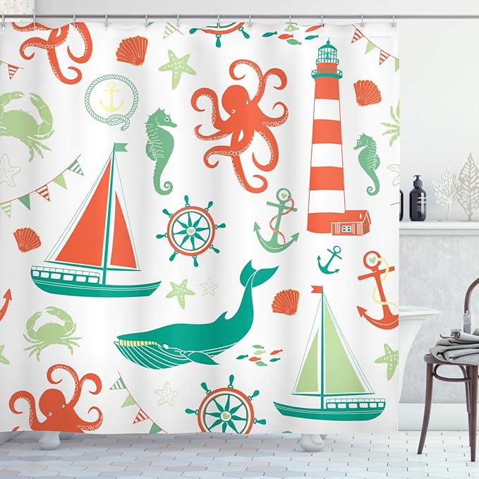 Ambesonne Nautical Shower Curtain, Pastel Colored Composition of Lighthouse Sailboat Fish Shells Octopus, Cloth Fabric Bathroom Decor Set with Hooks, 69" W x 84" L, Vermilion Teal
