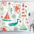 Ambesonne Nautical Shower Curtain, Pastel Colored Composition of Lighthouse Sailboat Fish Shells Octopus, Cloth Fabric Bathroom Decor Set with Hooks, 69" W x 75" L, Vermilion Teal