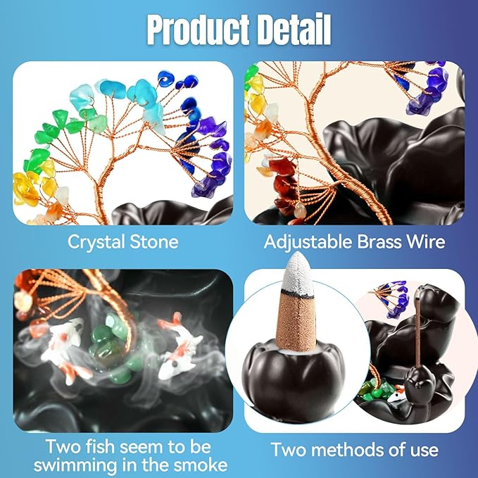 Backflow Incense Burner Ceramic Incense Waterfall Backflow Incense Holder 7 Chakras Gemstone Money Tree Crystal Tree Namaste Chakra Bracelet Cushion FengShui (Dark Brown)
