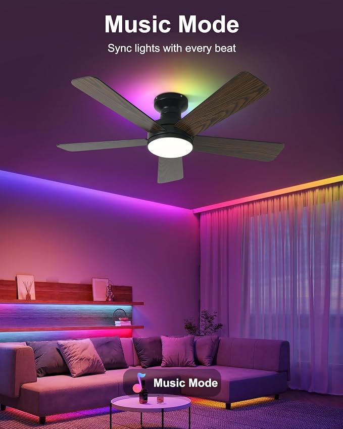 42 Inch Ceiling Fans with Lights, Smart Ceiling Fan with Alexa, Black Ceiling Fan with RGB Lights Remote, 6 Speeds Reversible DC Motor, Modern Flush Mount for Bedroom Living Room
